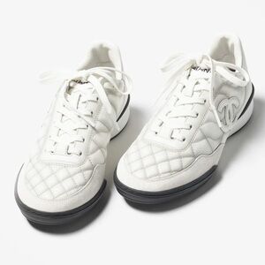 Authentic CHANEL 2024 CC White Calfskin Quilted Lace-Up Sneakers Size 37